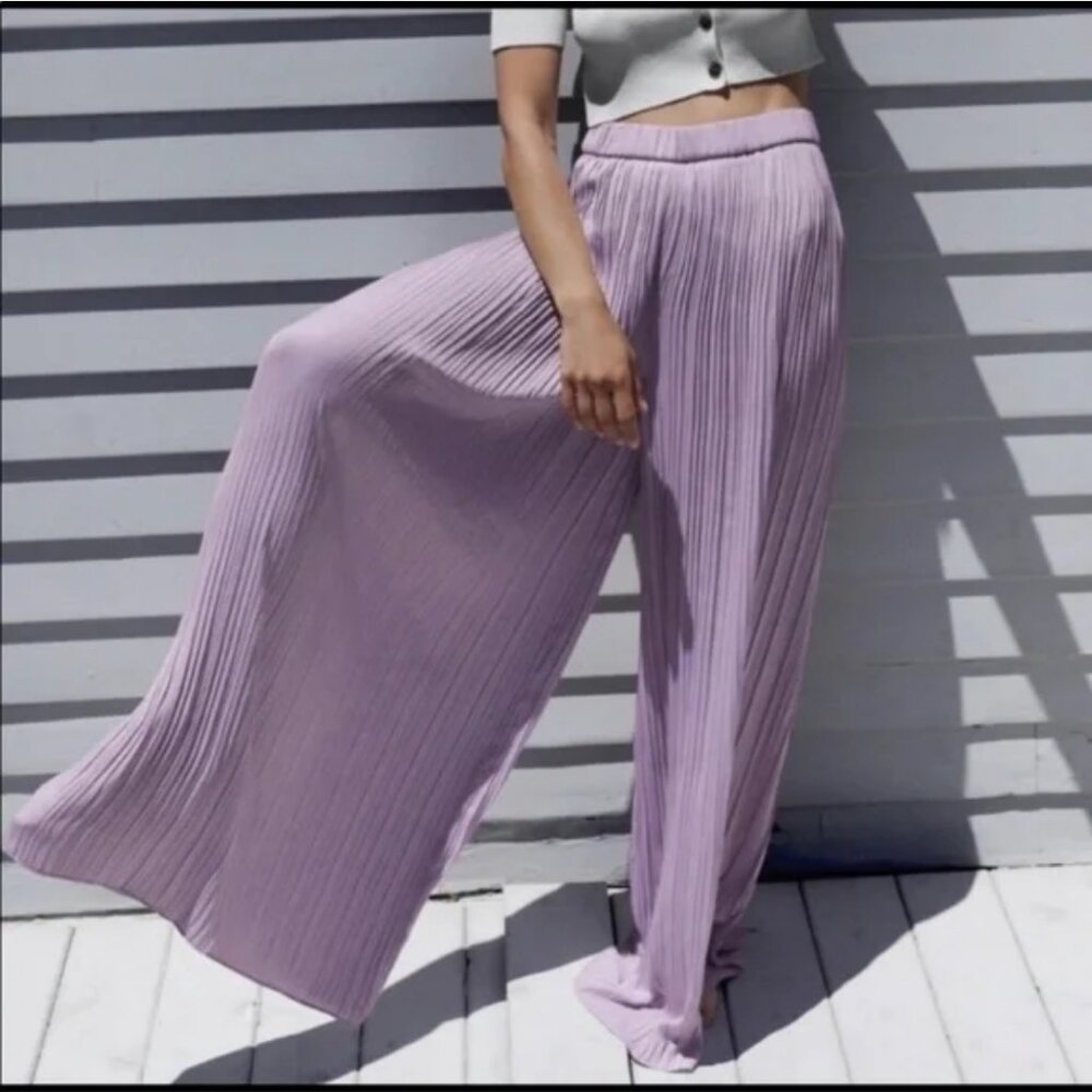 Zara Lilac Pleated Wide Leg Palazzo Pants